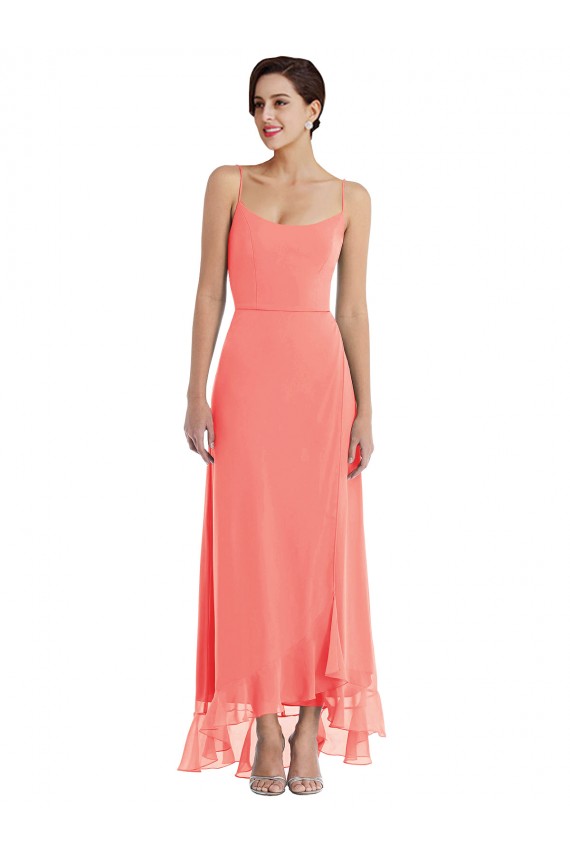 Online Scoop Neck Ruffle Trimmed High Low Maxi Bridesmaid Dress UK