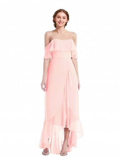 Online Off the Shoulder Ruffled High Low Maxi Bridesmaid Dress UK
