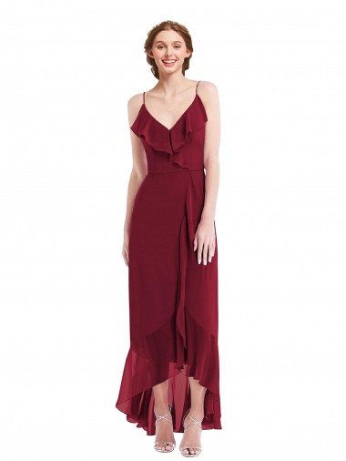 Online Ruffle Trimmed V-Neck High Low Wrap Chiffon Bridesmaid Dress UK
