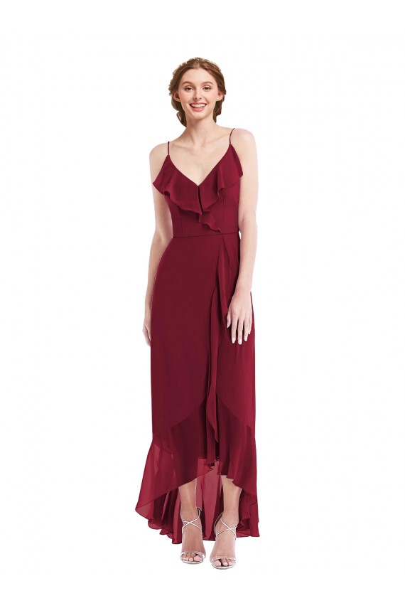 Online Ruffle Trimmed V-Neck High Low Wrap Chiffon Bridesmaid Dress UK
