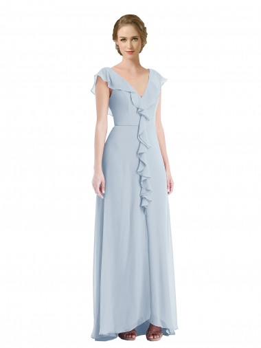 Online Ruffle Trimmed V Back Chiffon Maxi Bridesmaid Dress UK