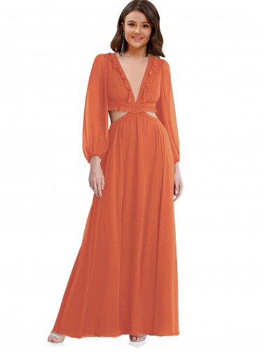 Online High Low Ruffled Long Chiffon Cutout Bishop Sleeves Maxi Bridesmaid Dress UK