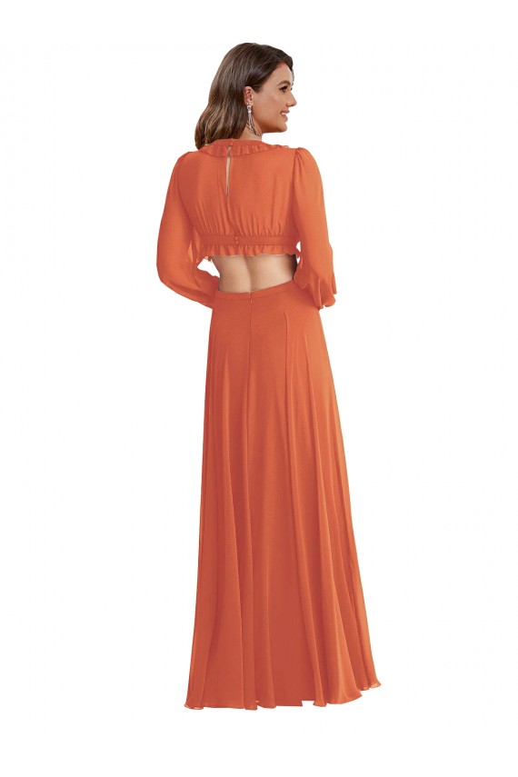 Online High Low Ruffled Long Chiffon Cutout Bishop Sleeves Maxi Bridesmaid Dress UK