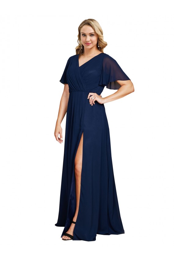 Online Chiffon V-Neck Short Sleeves Long Formal Bridesmaid Dress / Prom Dress with High Slit UK