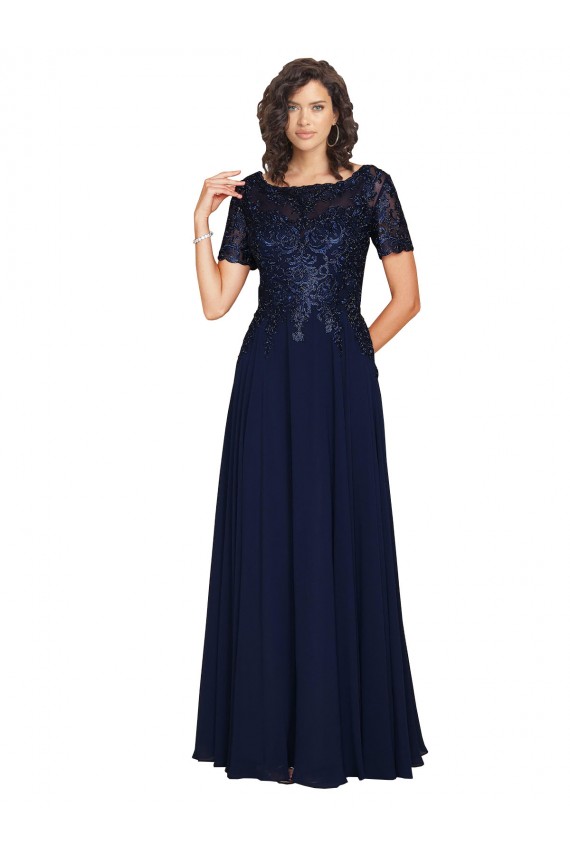 Online Short Sleeves A-Line Long Chiffon Bridesmaid Dress / Prom Dress with Beaded Bodice UK