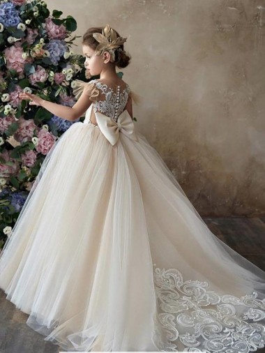 Online Champagne Ball Gown Sweetheart Chapel Train Sleeveless Flower Girl Dress UK