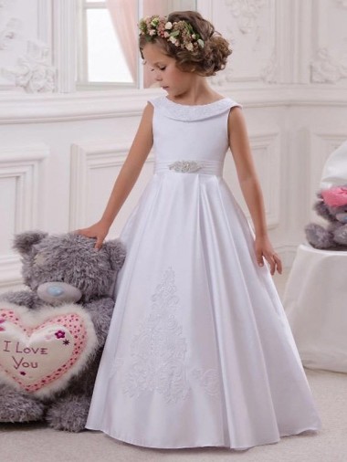 Online Ivory Ball Gown Bateau Floor Length Flower Girl Dress UK