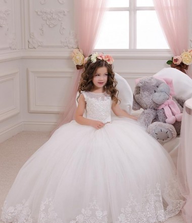 Online Ivory Ball Gown Bateau Neck Chapel Train Sleeveless Flower Girl Dress UK