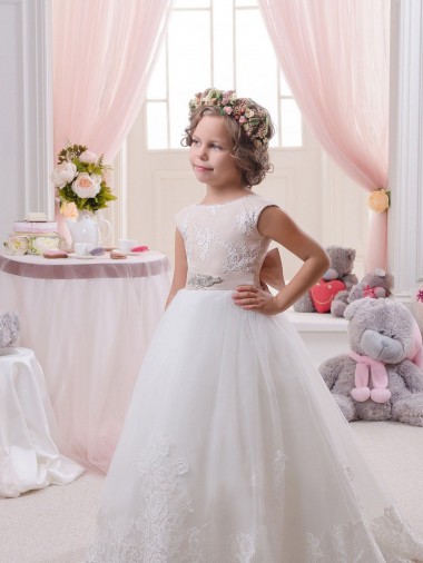 Online Ivory Ball Gown Bateau Neck Chapel Train V-Back Flower Girl Dress UK