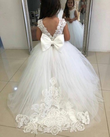 Online Ivory Ball Gown Chapel Train Sleeveless Flower Girl Dress UK