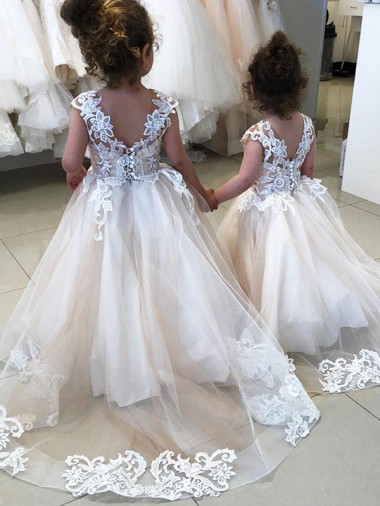 Online Ivory Ball Gown Chapel Train Sleeveless V-Back Flower Girl Dress UK