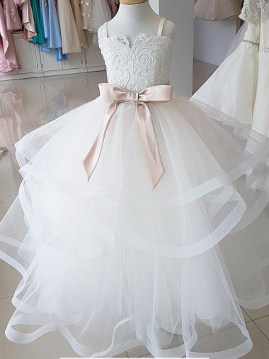 Online Ivory Ball Gown High Neck Floor Length Flower Girl Dress UK
