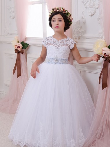 Online Ivory Ball Gown Sweetheart Chapel Train Cap Sleeve Flower Girl Dress UK
