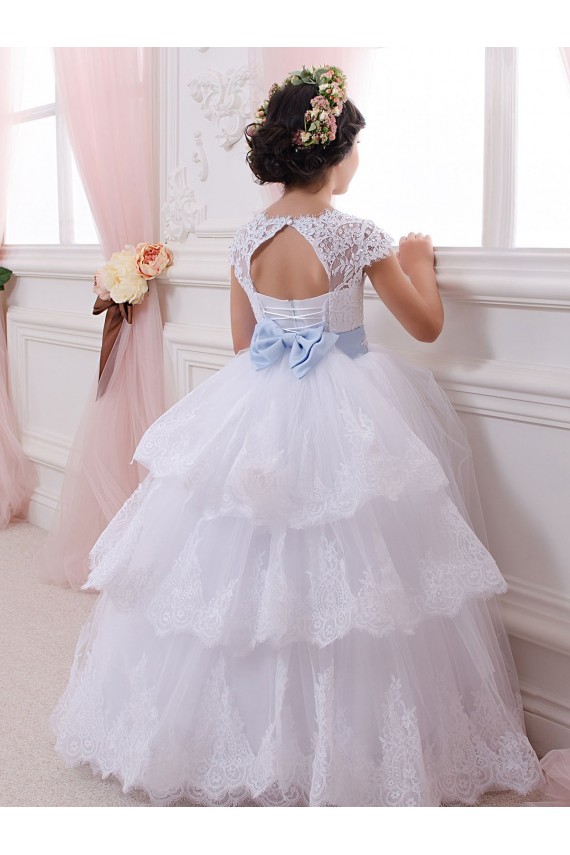 Online Ivory Ball Gown Sweetheart Chapel Train Cap Sleeve Flower Girl Dress UK
