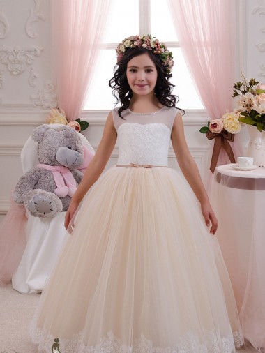 Online Ivory & Champagne Ball Gown Sweetheart Floor Length Sleeveless Flower Girl Dress UK