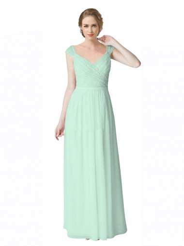 Online Long Chiffon Bridesmaid Dress with Corded Lace V-Neck Bodice UK