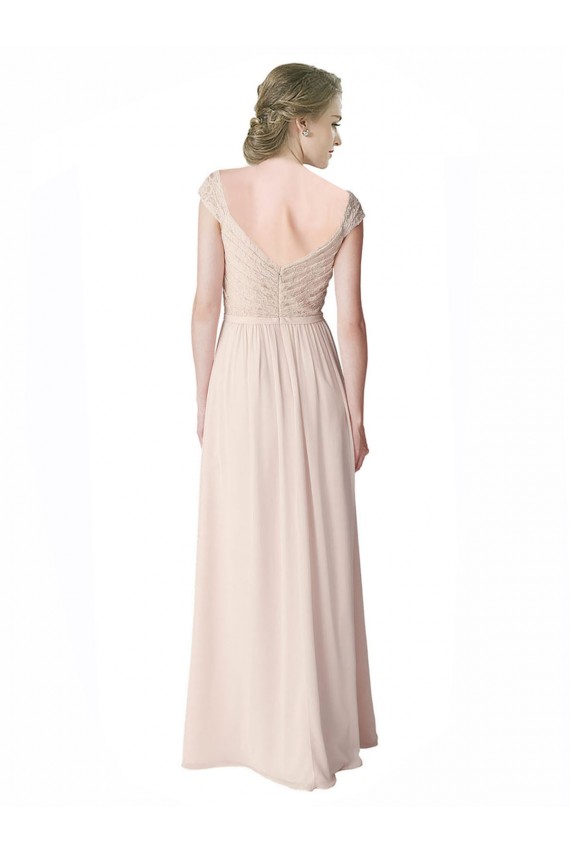 Online Long Chiffon Bridesmaid Dress with Corded Lace V-Neck Bodice UK