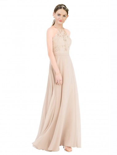 Online High Halter Neck Illusion Lace Bridesmaid Dress / Prom Dress with Chiffon Skirt and Keyhole Back UK
