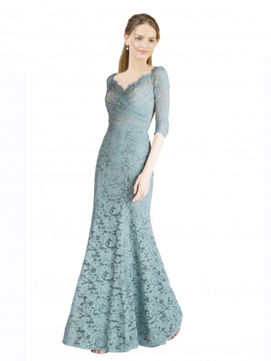 Online Half Sleeves Pleated Lace Bridesmaid Dress / Prom Dress with Wrap-Around Portrait Neckline UK