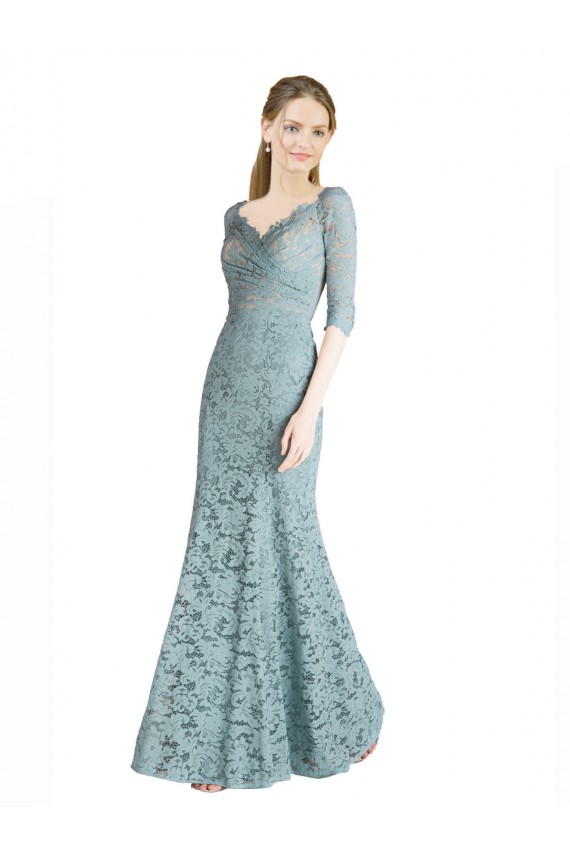 Online Half Sleeves Pleated Lace Bridesmaid Dress / Prom Dress with Wrap-Around Portrait Neckline UK