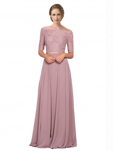 Online Off the Shoulder Lace Crop Top A-Line Chiffon Bridesmaid Dress / Prom Dress UK