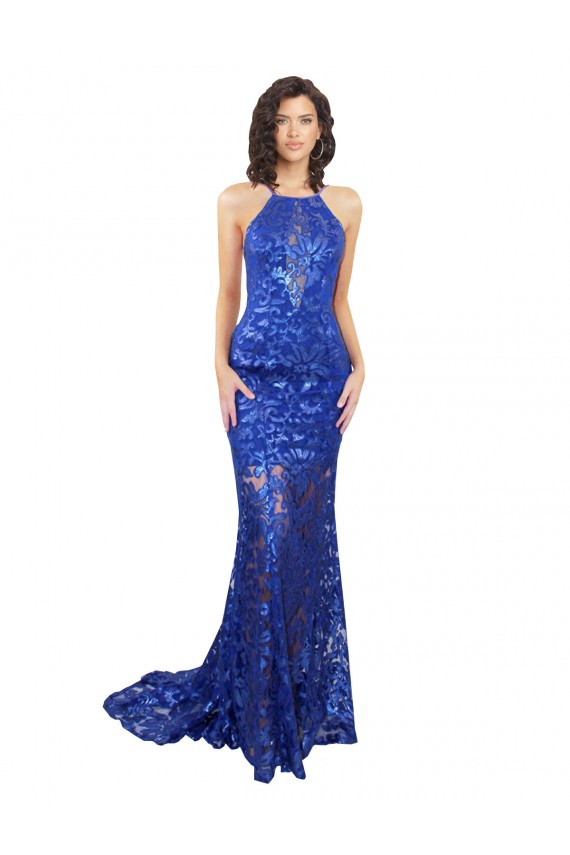 Online High Neck Long Open Back Lace Bridesmaid Dress / Prom Dress with Train UK