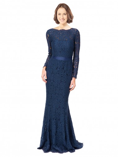 Online Long Sleeves Floor Length Vintage Lace Bridesmaid Dress with Deep V-Back UK