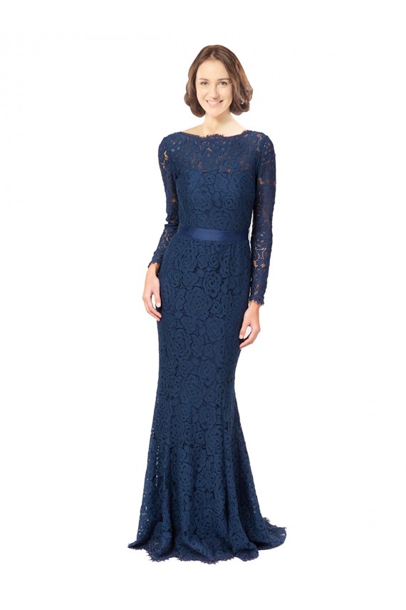 Online Long Sleeves Floor Length Vintage Lace Bridesmaid Dress with Deep V-Back UK