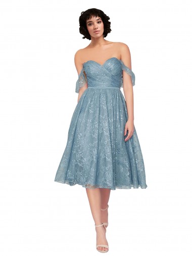 Online Off the Shoulder Sweetheart Chantilly Lace Midi Length Cocktail Bridesmaid Dress UK