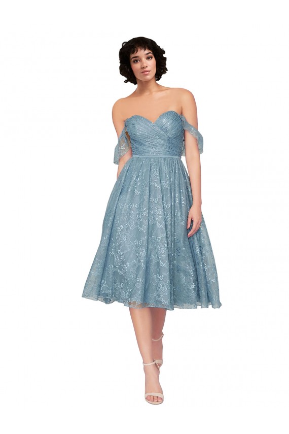 Online Off the Shoulder Sweetheart Chantilly Lace Midi Length Cocktail Bridesmaid Dress UK