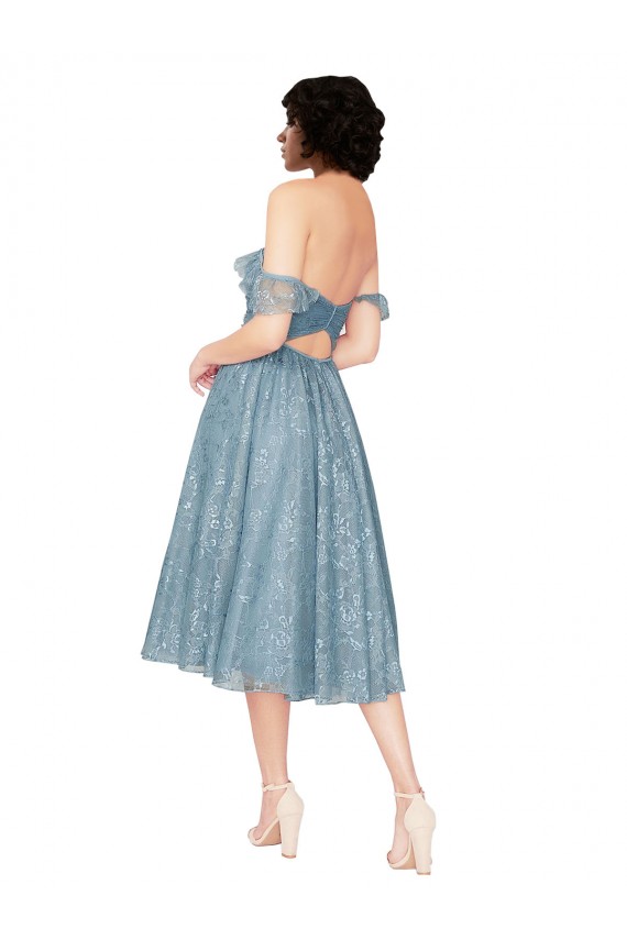 Online Off the Shoulder Sweetheart Chantilly Lace Midi Length Cocktail Bridesmaid Dress UK
