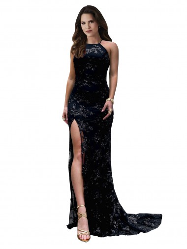 Online Formal High Neckline Lace Open Back Bridesmaid Dress / Prom Dress with High Slit UK