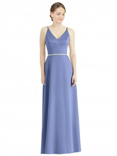Online Long Floor Length V-Neck Satin Bridesmaid Dress with Spaghetti Straps UK