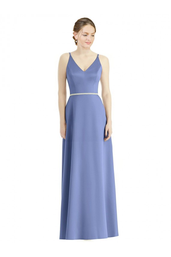 Online Long Floor Length V-Neck Satin Bridesmaid Dress with Spaghetti Straps UK