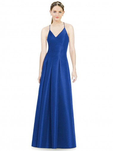 Online Full Pleated V-Neck Long Satin Bridesmaid Dress with Criss Cross Open Back UK