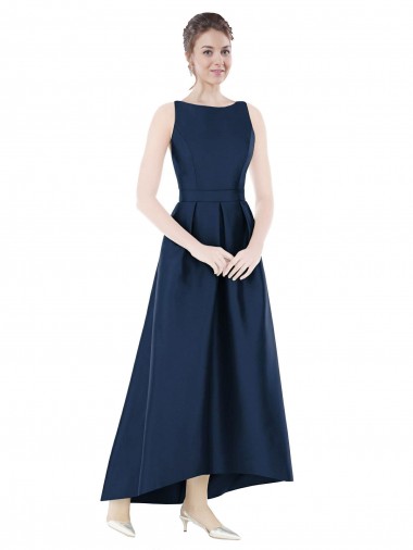 Online Full Length Sleeveless Long Satin Bridesmaid Dress with High Low Hem Detail UK