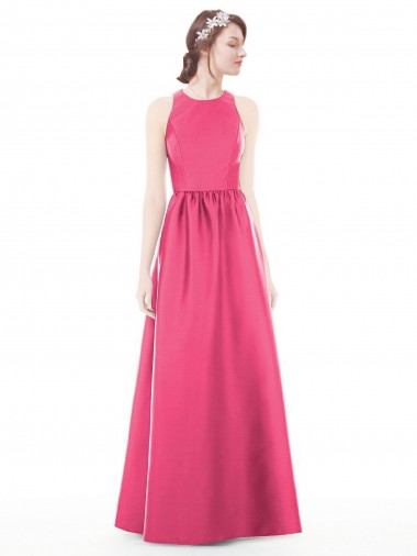 Online Jewel Neck Keyhole Back Sleek Long Satin Bridesmaid Dress UK