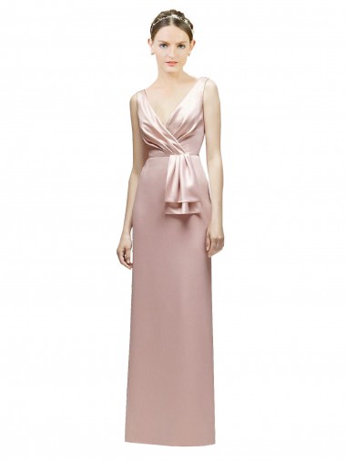 Online Sleeveless V-Neck Long Satin Bridesmaid Dress with Draped Bodice and Tiered Bow UK
