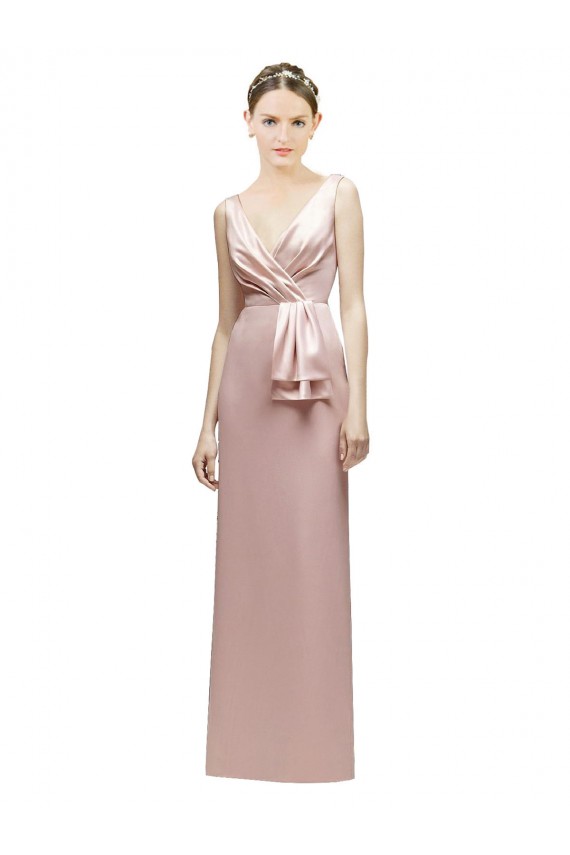 Online Sleeveless V-Neck Long Satin Bridesmaid Dress with Draped Bodice and Tiered Bow UK