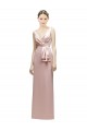 Online Sleeveless V-Neck Long Satin Bridesmaid Dress with Draped Bodice and Tiered Bow UK