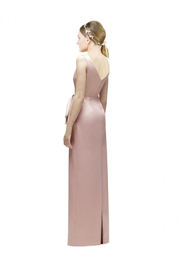 Online Sleeveless V-Neck Long Satin Bridesmaid Dress with Draped Bodice and Tiered Bow UK