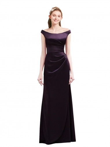 Online Off The Shoulder Long Satin Bridesmaid Dress with Asymmetrical Pleated Bodice UK