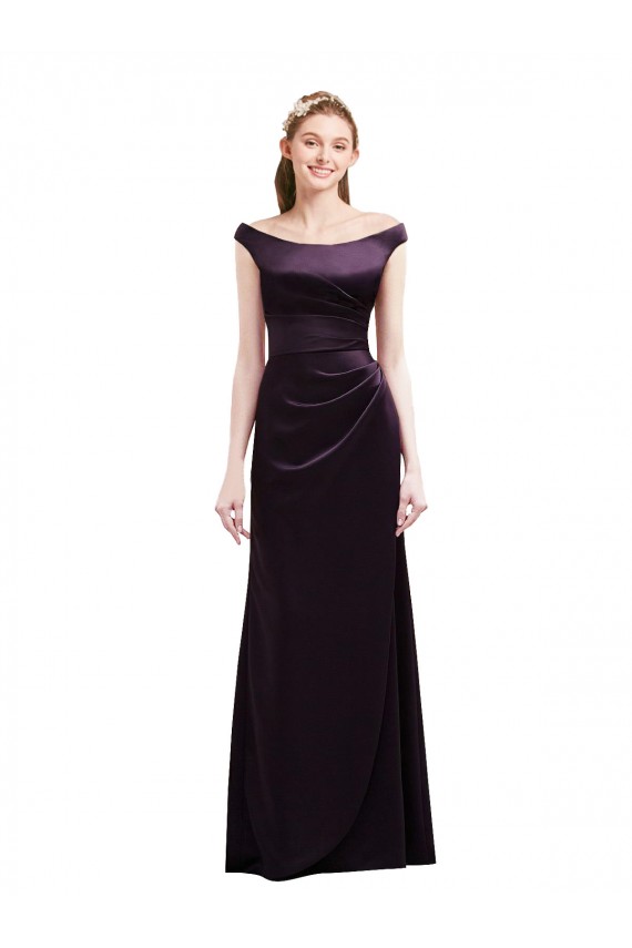 Online Off The Shoulder Long Satin Bridesmaid Dress with Asymmetrical Pleated Bodice UK