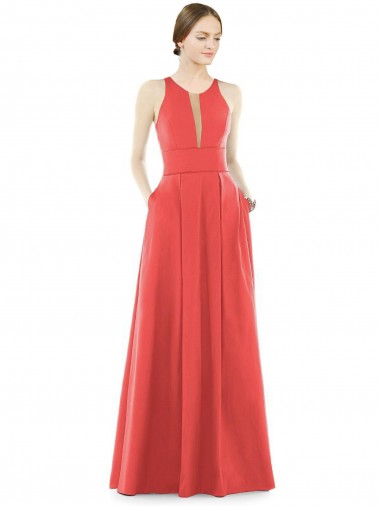Online Sheer V-Neck Tulle Illusion Long Satin Bridesmaid Dress UK
