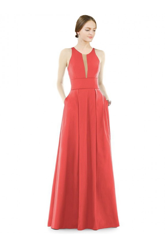 Online Sheer V-Neck Tulle Illusion Long Satin Bridesmaid Dress UK