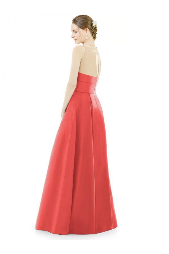 Online Sheer V-Neck Tulle Illusion Long Satin Bridesmaid Dress UK