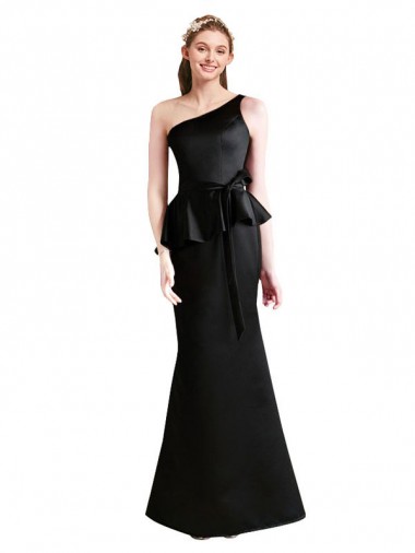 Online Long One Shoulder Satin Bridesmaid Dress with Bow Ties UK