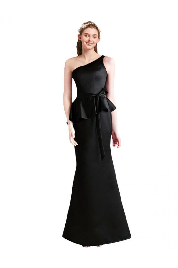 Online Long One Shoulder Satin Bridesmaid Dress with Bow Ties UK