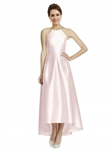 Online Long High-Low Halter Satin Bridesmaid Dress with Criss-Cross Back UK