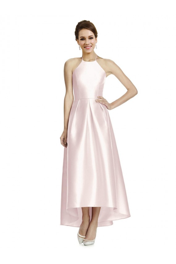 Online Long High-Low Halter Satin Bridesmaid Dress with Criss-Cross Back UK